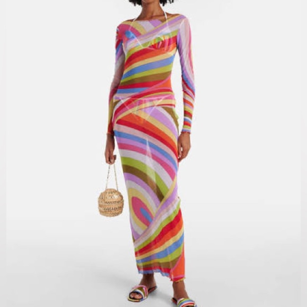 Emilio Pucci Multicolor Psychedelic Mesh Maxi Dress